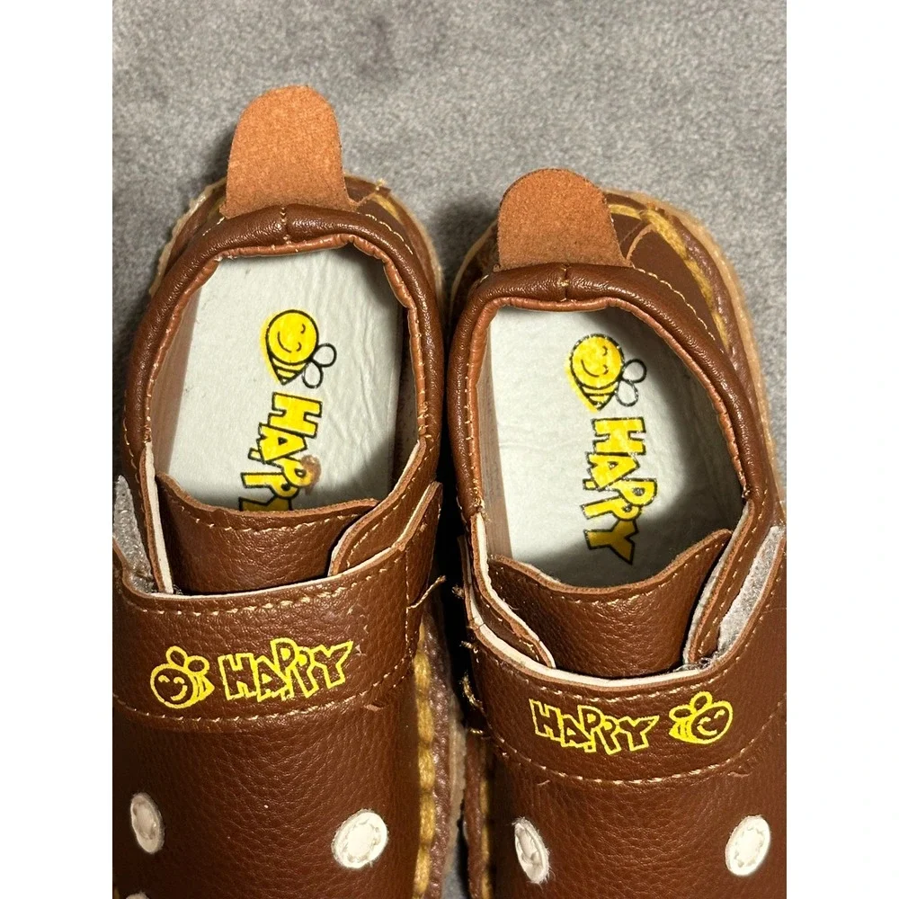 Happy Bee Toddler Shoes Brown Smiley Face Faux Leather Loafers Moe-4 Size 5